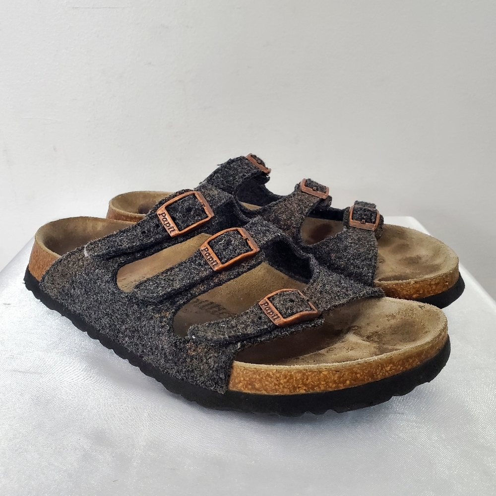 🌻Birkenstock Papillio Wool Gray Gold Sandals Womens 38 US 7L  3 Strap Slides
